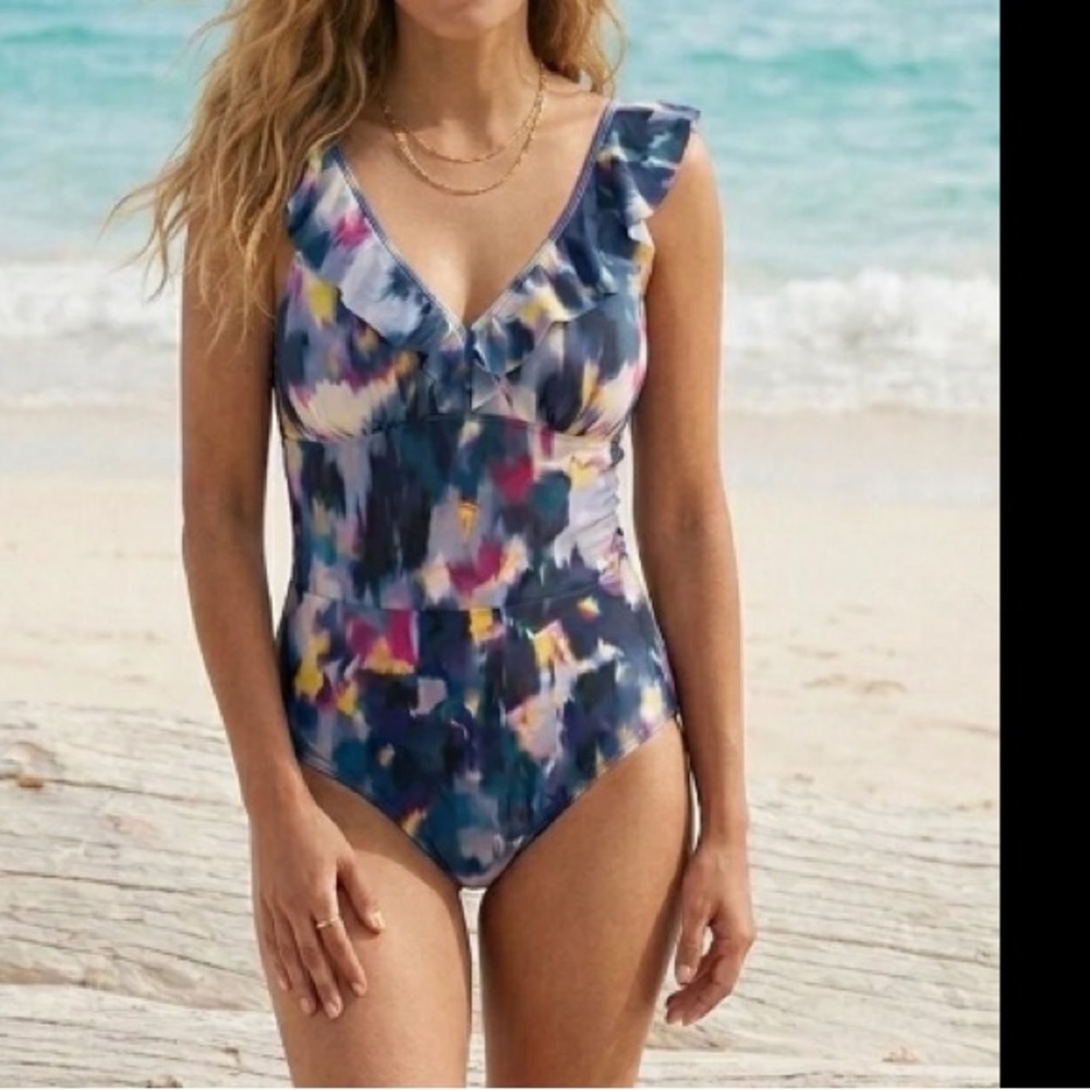 New Ruffle Plunge Tummy-Control One-Piece Swimsuit - Picture 3 of 15